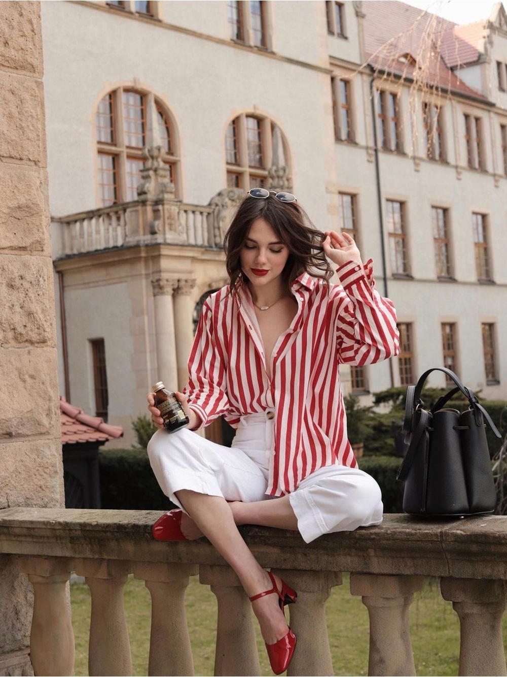 Striped Red and White Button-Up Women's Top - Picture 4 of 9